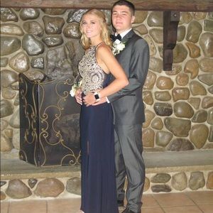 Girls Navy Blue and Gold Prom Dress